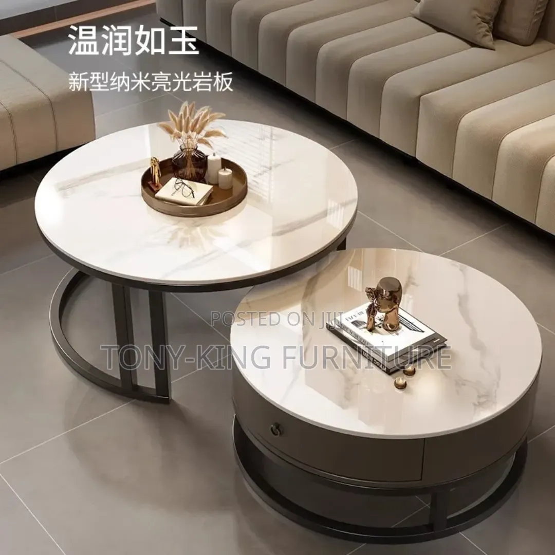 Modern Round Rock Slab Top Stainless Steel Coffee Table With Storage
