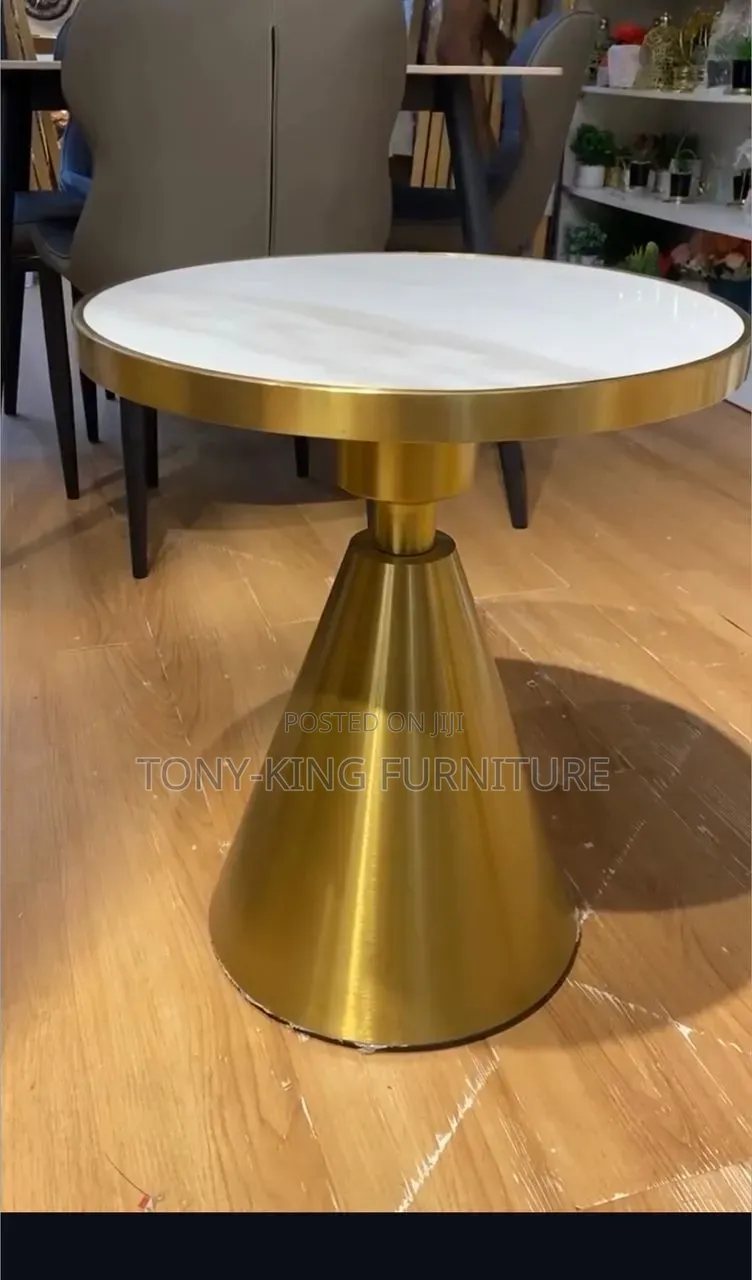 Gold-Finish Pedestal Accent Side Table a Sleek Round White Marble Top