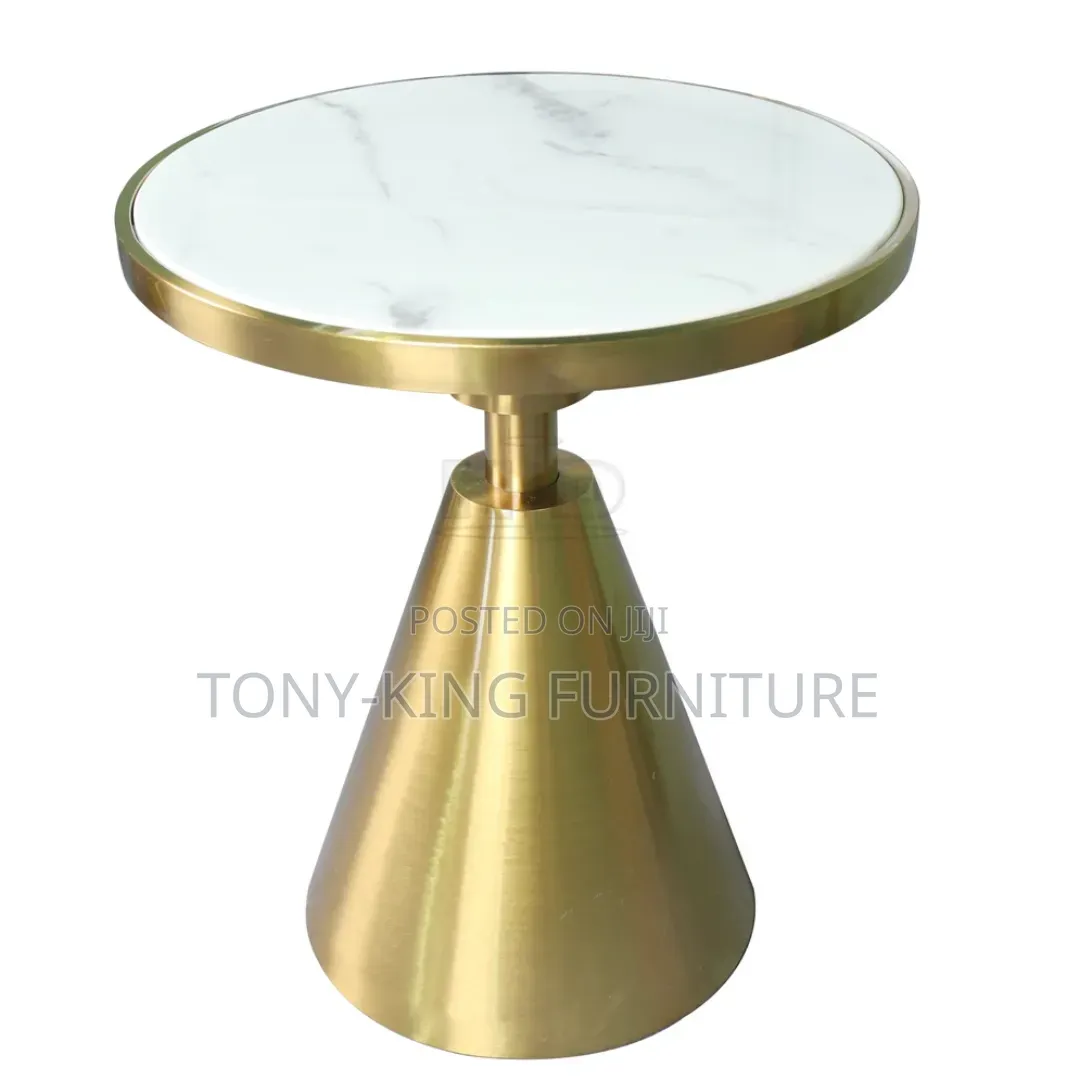 Gold-Finish Pedestal Accent Side Table a Sleek Round White Marble Top