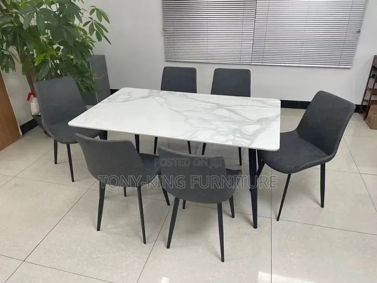 Modern 6-Seater Marble-Top Dining Set  White Faux-Marble Rectangular