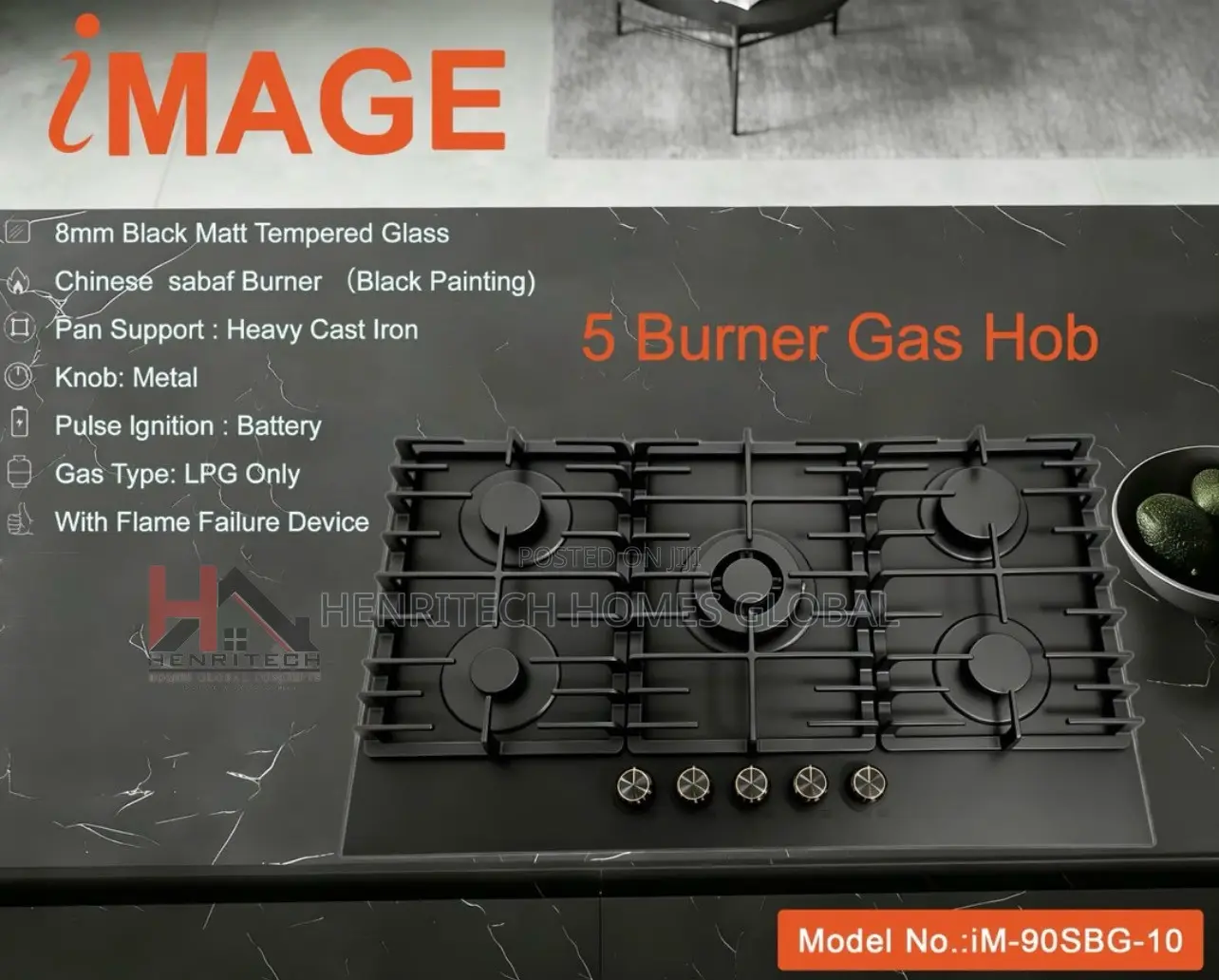 High Quality Image 5-Burner Gas Hob – Premium Black Finish