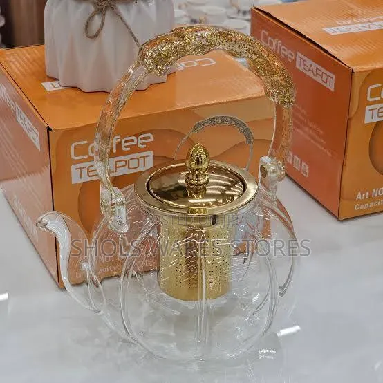 Pumpkin Glass Tea & Coffee Pot With Gold Glitter Handle.