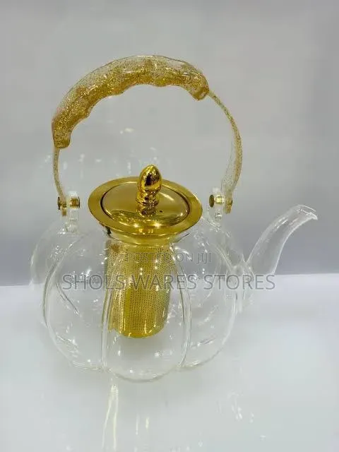 Pumpkin Glass Tea & Coffee Pot With Gold Glitter Handle.