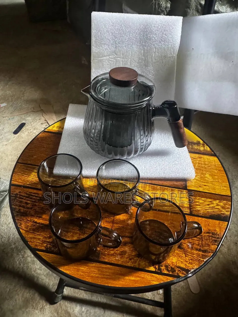 5-Piece Borosilicate  Smoked Glass Tea & Coffee Set With Wooden Handle