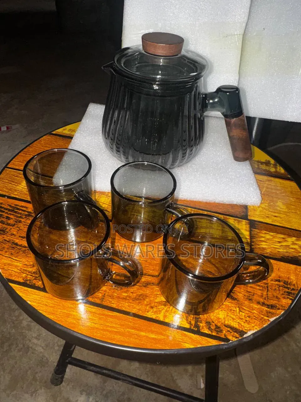 5-Piece Borosilicate  Smoked Glass Tea & Coffee Set With Wooden Handle