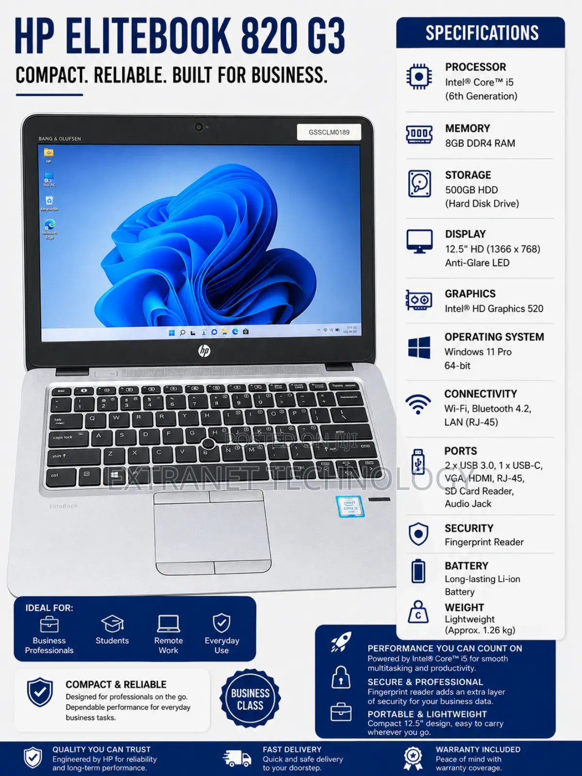 Laptop HP EliteBook 820 G3 8GB Intel Core i5 HDD 500GB
