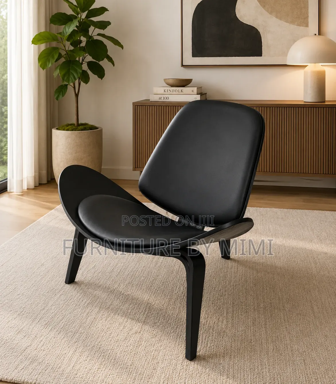 Hans Wegner Style CH07 Shell Chair Black Leather Lounge Chair
