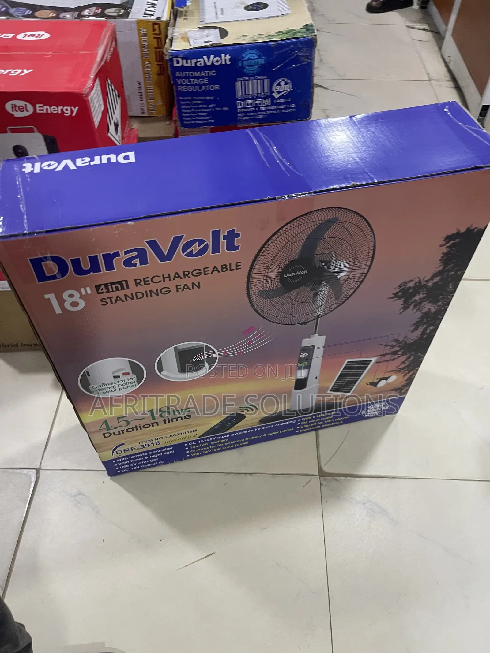 Duravolt 18′′ Solar-Powered Rechargeable Stand Fan