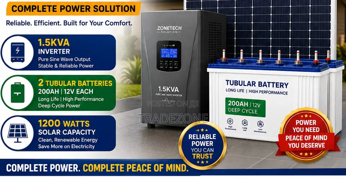 1.5kva Inverter/2 Tubular Batteries/1200watts Solar Capacity