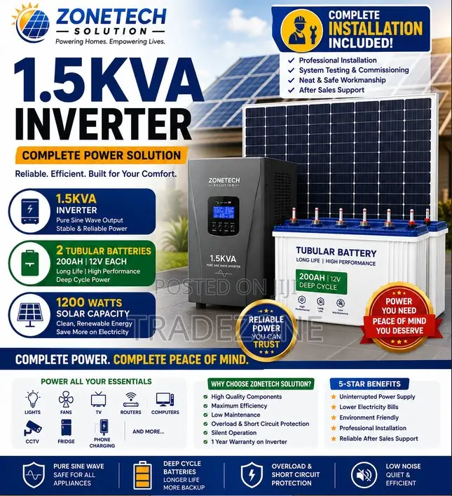 1.5kva Inverter/2 Tubular Batteries/1200watts Solar Capacity