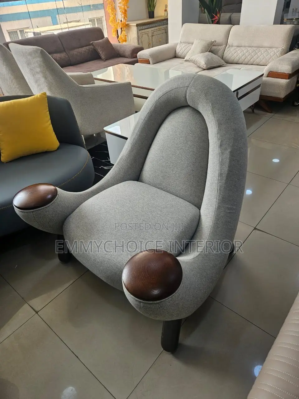 Sculptural Accent Armchair With Round Wooden Armrests