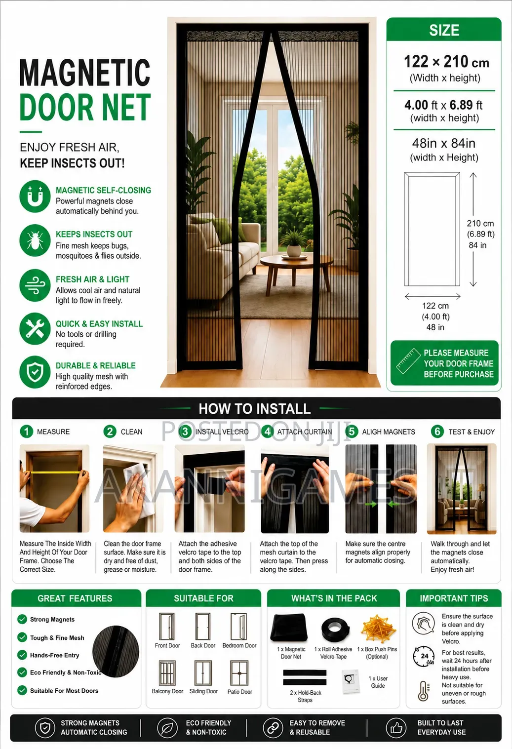 Magnetic Mosquito Net Door Curtain 122 × 210cm Self Closing Black