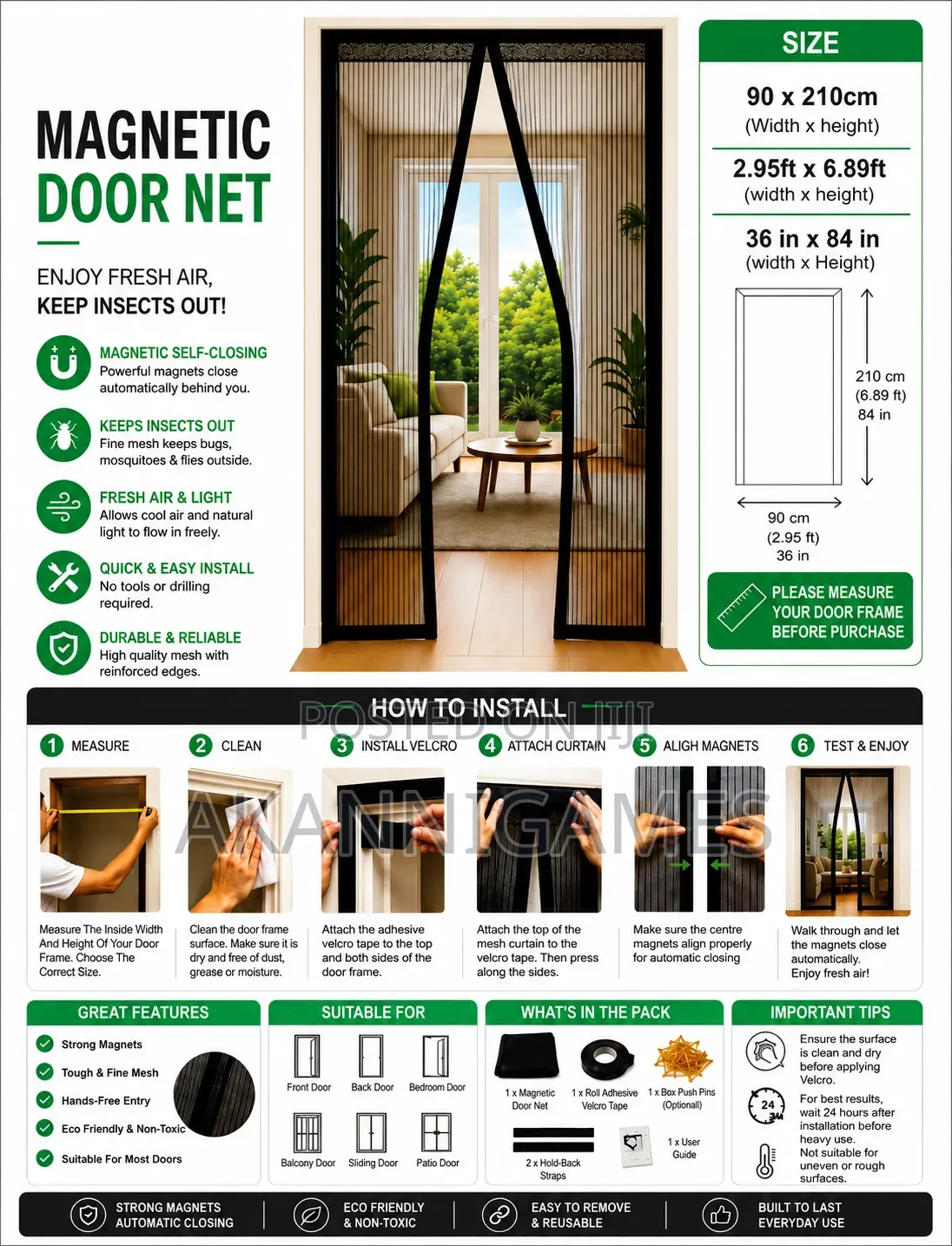 Magnetic Mosquito Net Door Curtain 90 × 210 Cm – Self-Closing (Black)