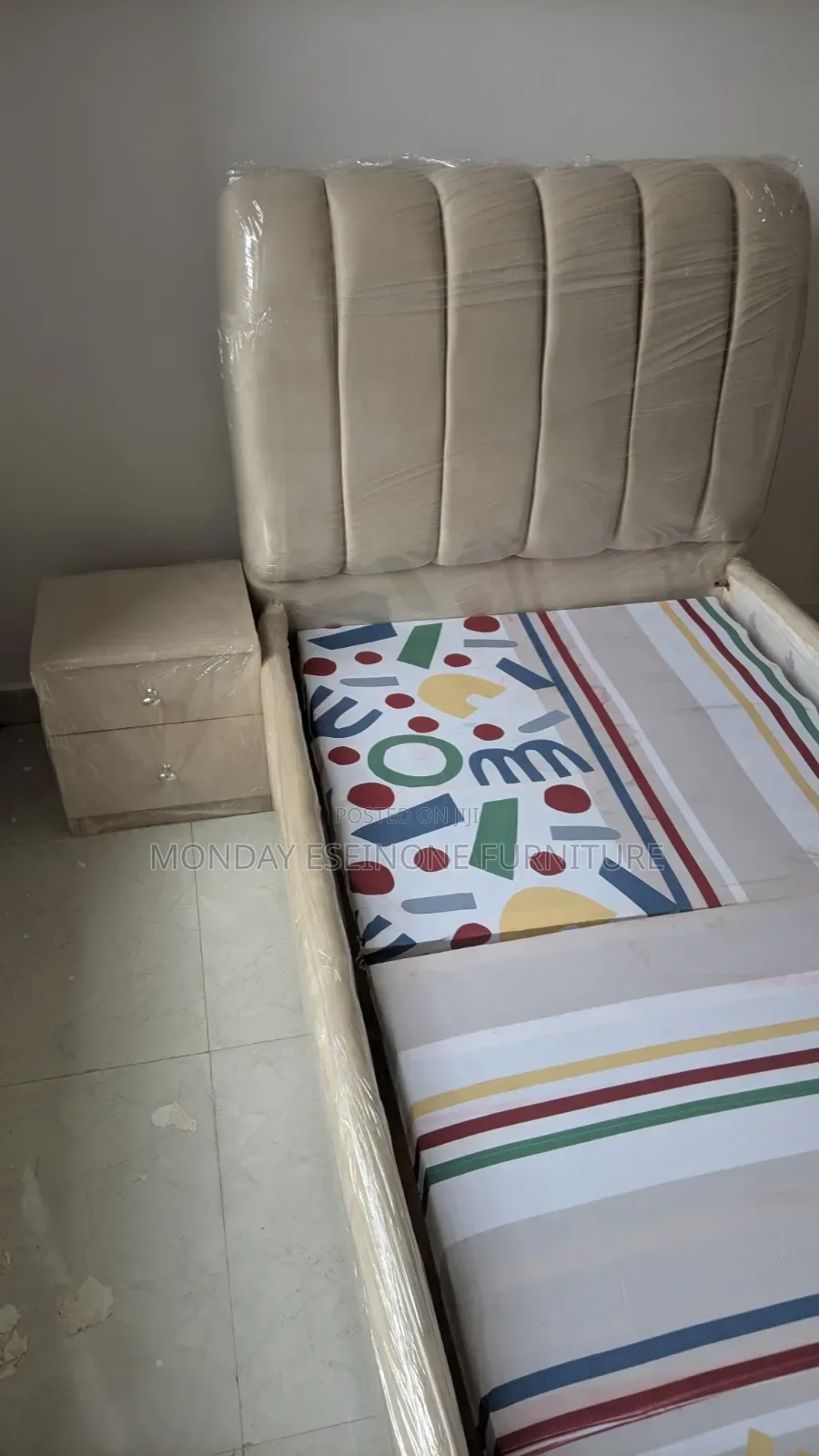 3.5 X 6 FT Cream Padded Bedframe With Side Drawer