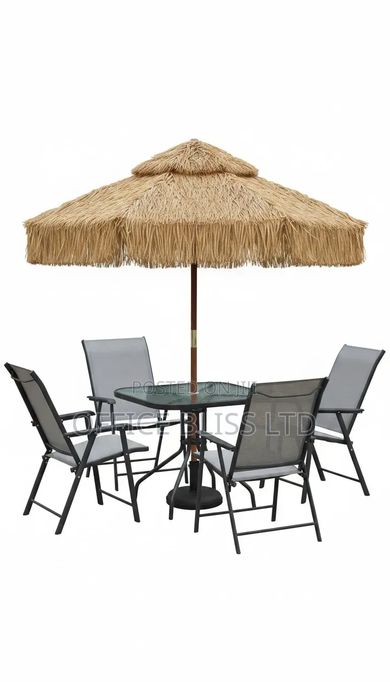 A Set of Outdoor  Patio Table and Chairs With Thatch Umbrella