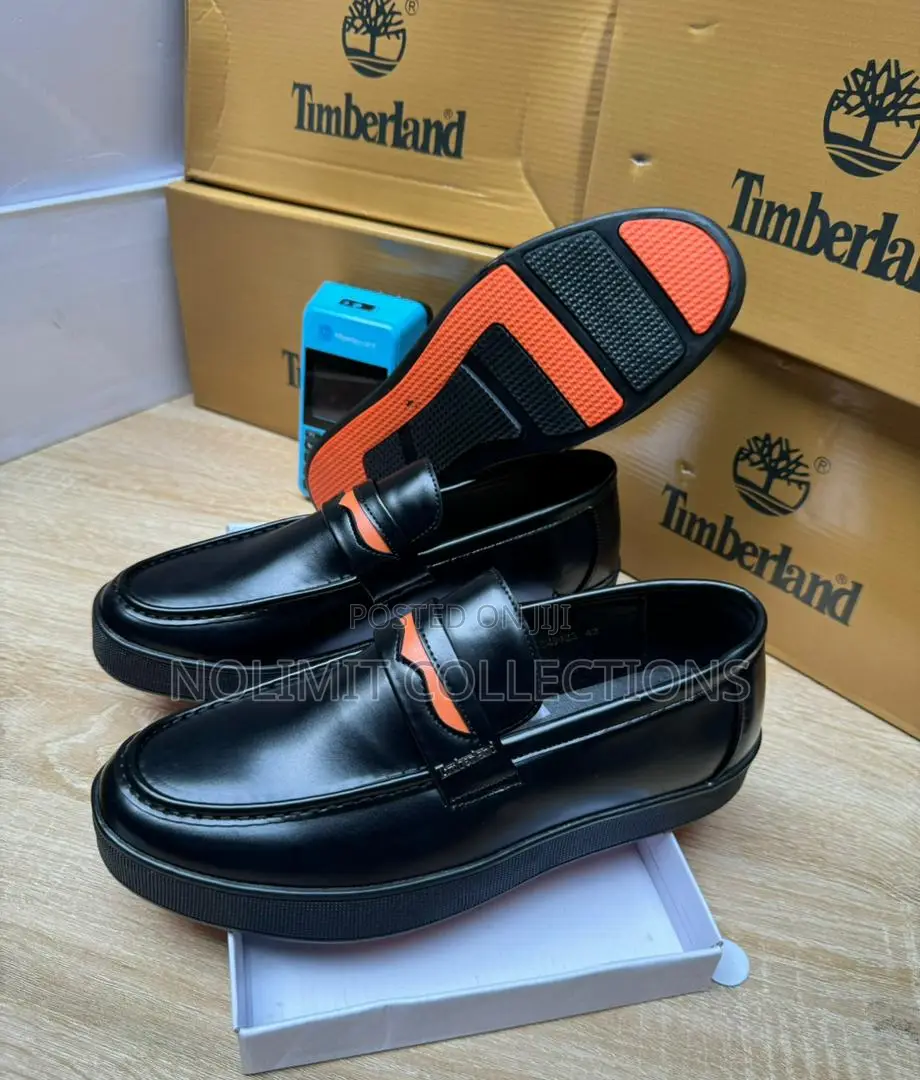 Timberland Men's Black Leather Loafers With Orange Accents