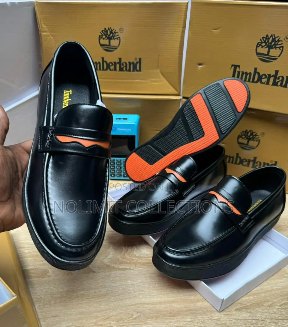 Timberland Men's Black Leather Loafers With Orange Accents