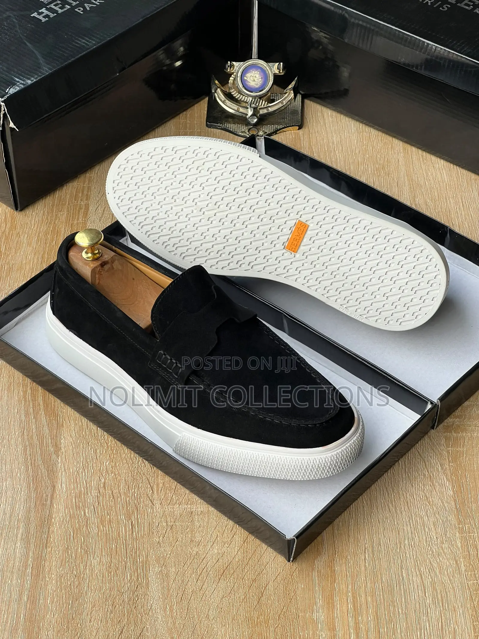 Hermes Suede Slip on Loafers With White Platform Soles