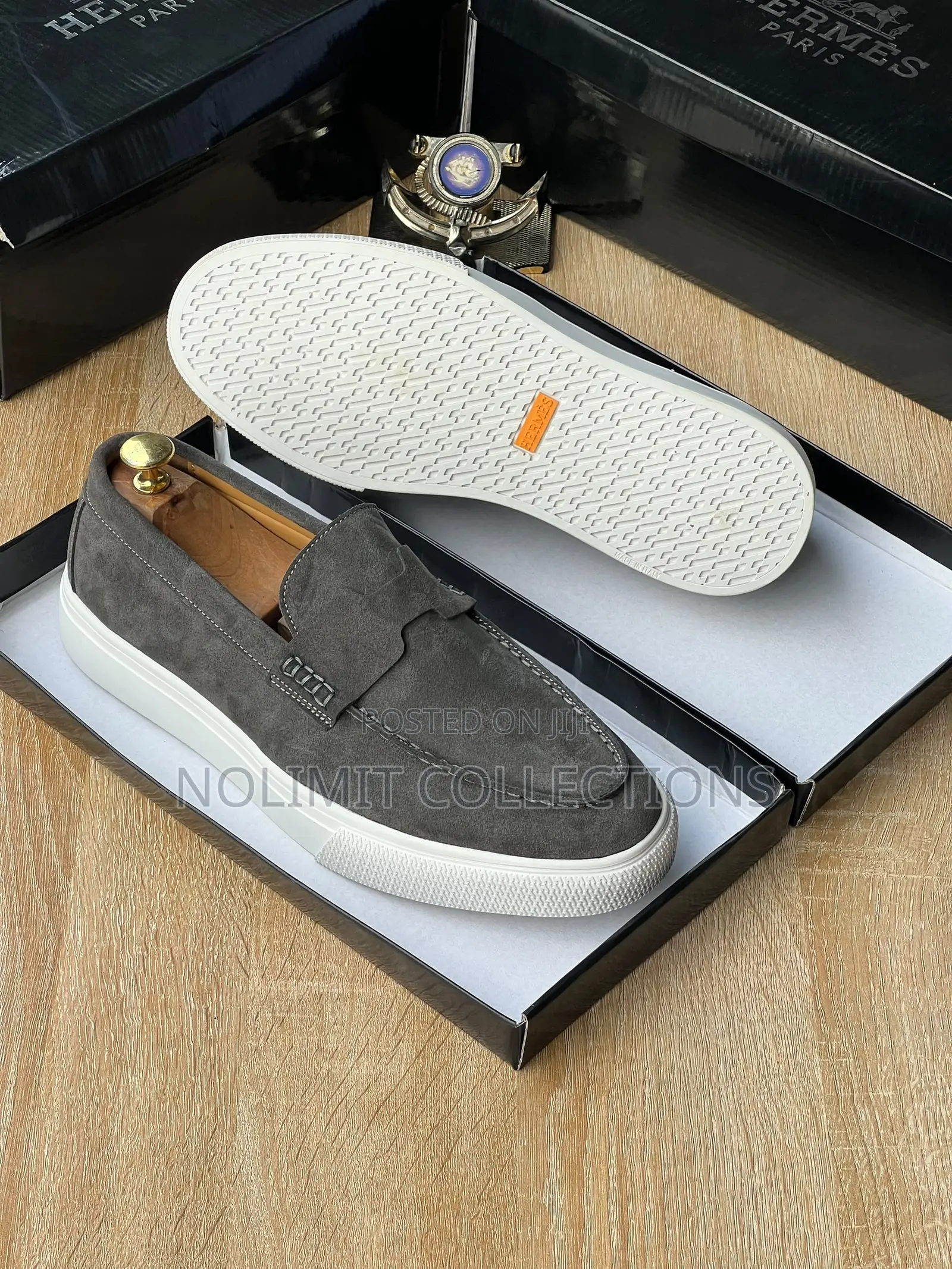 Hermes Suede Slip on Loafers With White Platform Soles