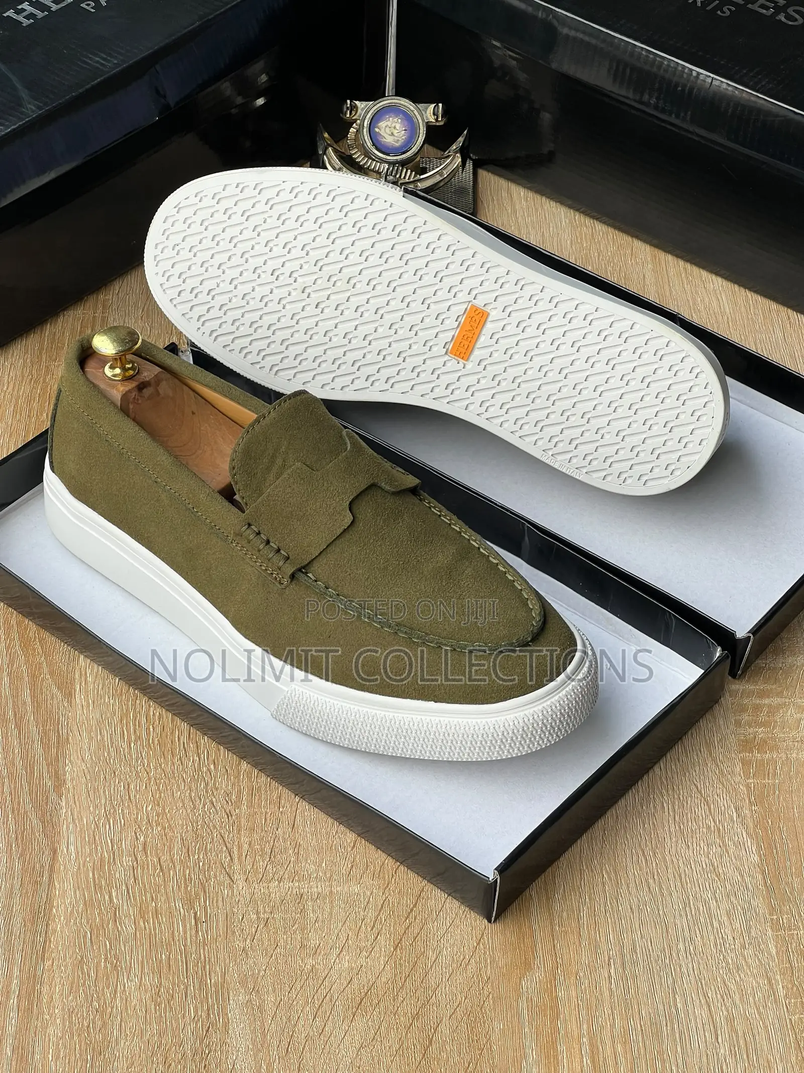 Hermes Suede Slip on Loafers With White Platform Soles