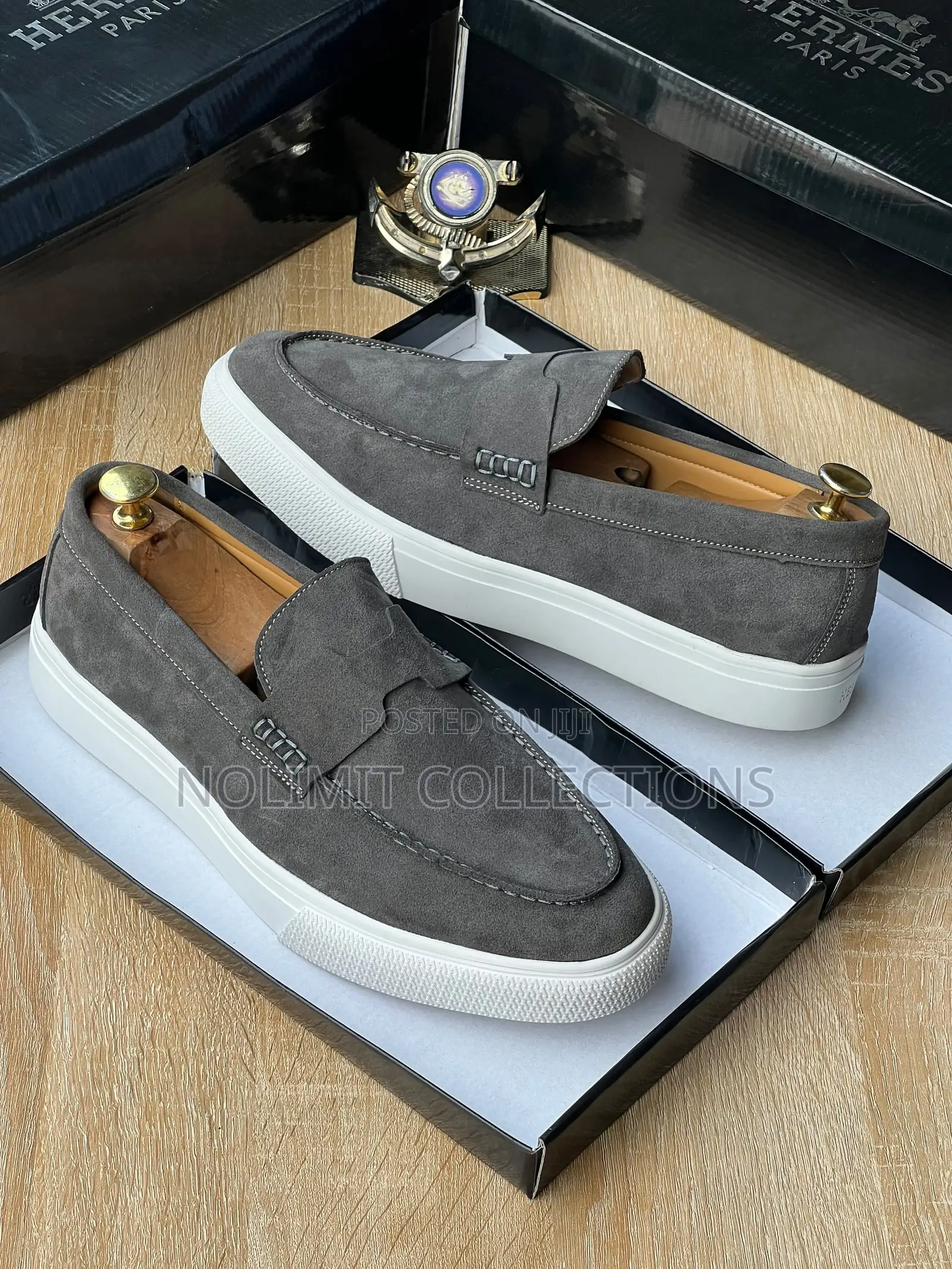 Hermes Suede Slip on Loafers With White Platform Soles