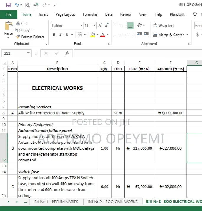 Bill of Quantities & Material Schedule Preparation