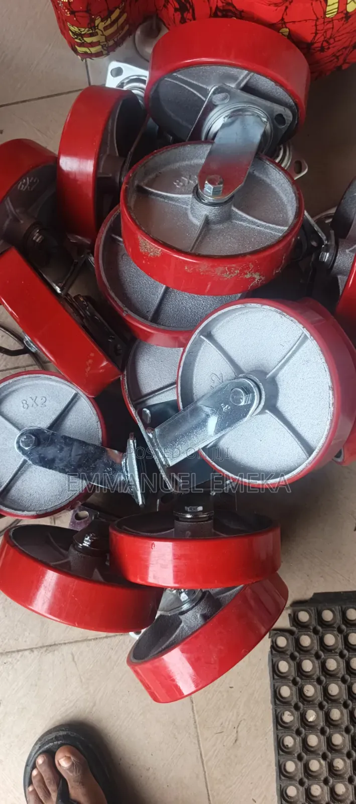 8" X 2" Red Polyurethane-on-Cast Iron Plate Casters
