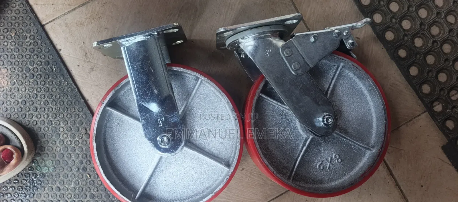 8" X 2" Red Polyurethane-on-Cast Iron Plate Casters