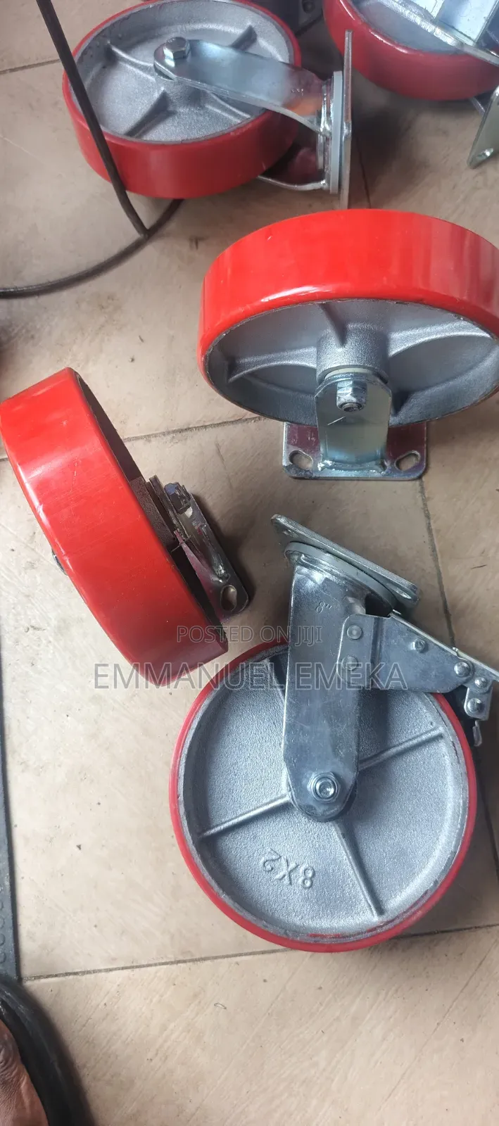8" X 2" Red Polyurethane-on-Cast Iron Plate Casters