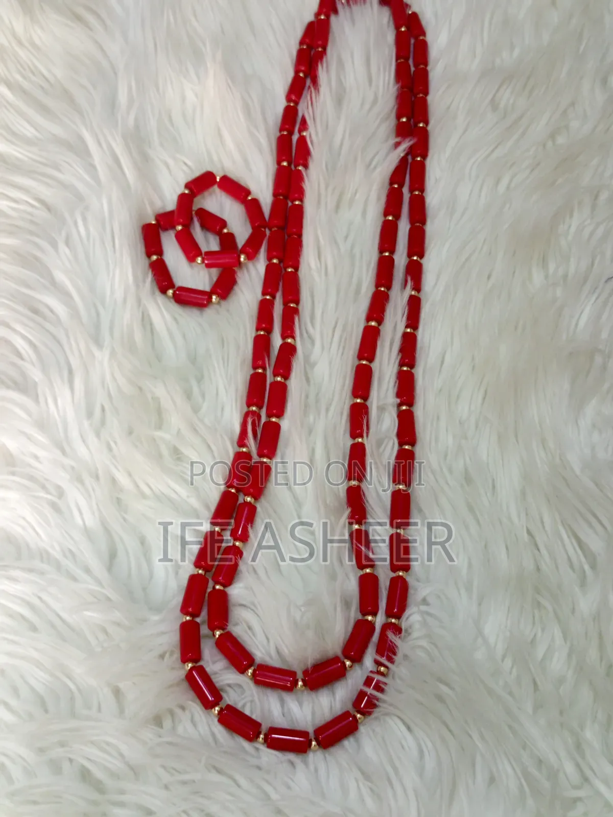 2 Neck Layers, 2 Bracelets Men's Red Bead
