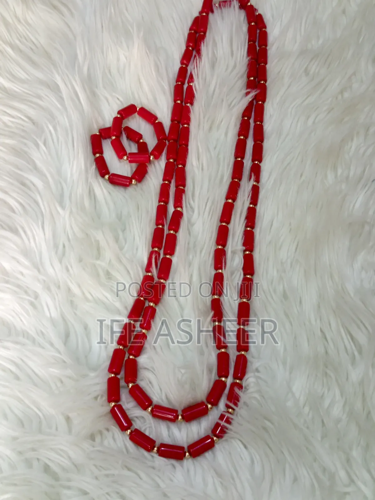 2 Neck Layers, 2 Bracelets Men's Red Bead