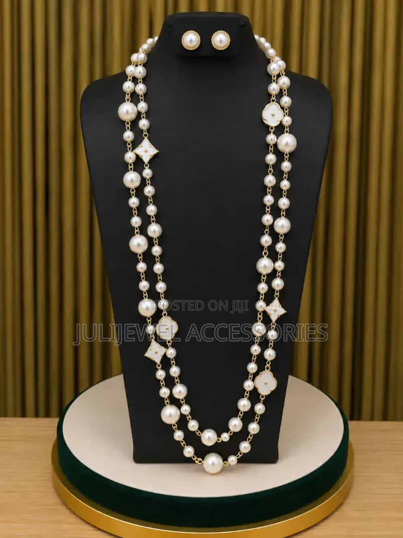 Pearl Beaded Dropping Long Necklace Chain With Earrings for Ladies