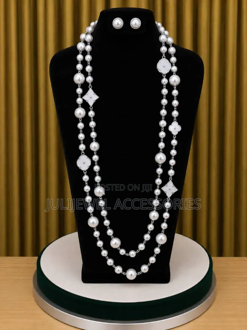 Pearl Beaded Dropping Long Necklace Chain With Earrings for Ladies