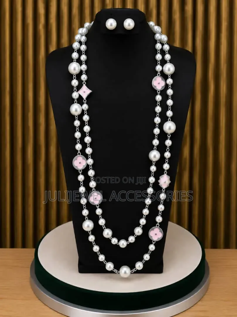 Pearl Beaded Dropping Long Necklace Chain With Earrings for Ladies