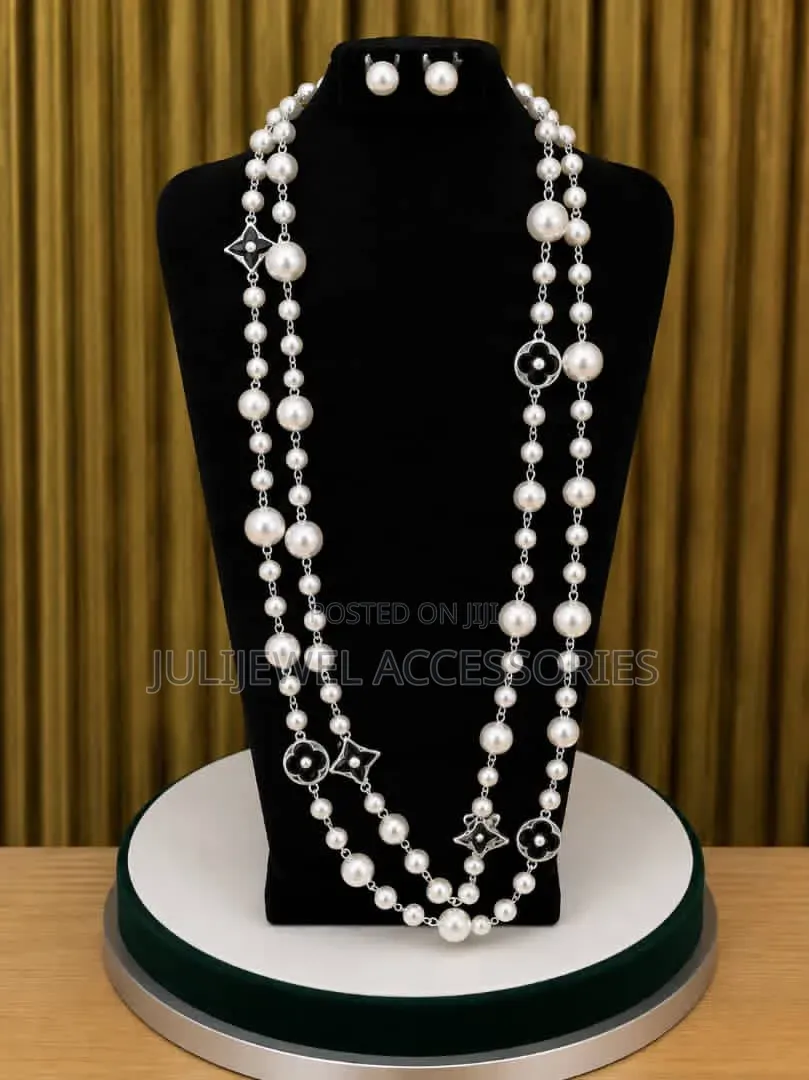 Pearl Beaded Dropping Long Necklace Chain With Earrings for Ladies
