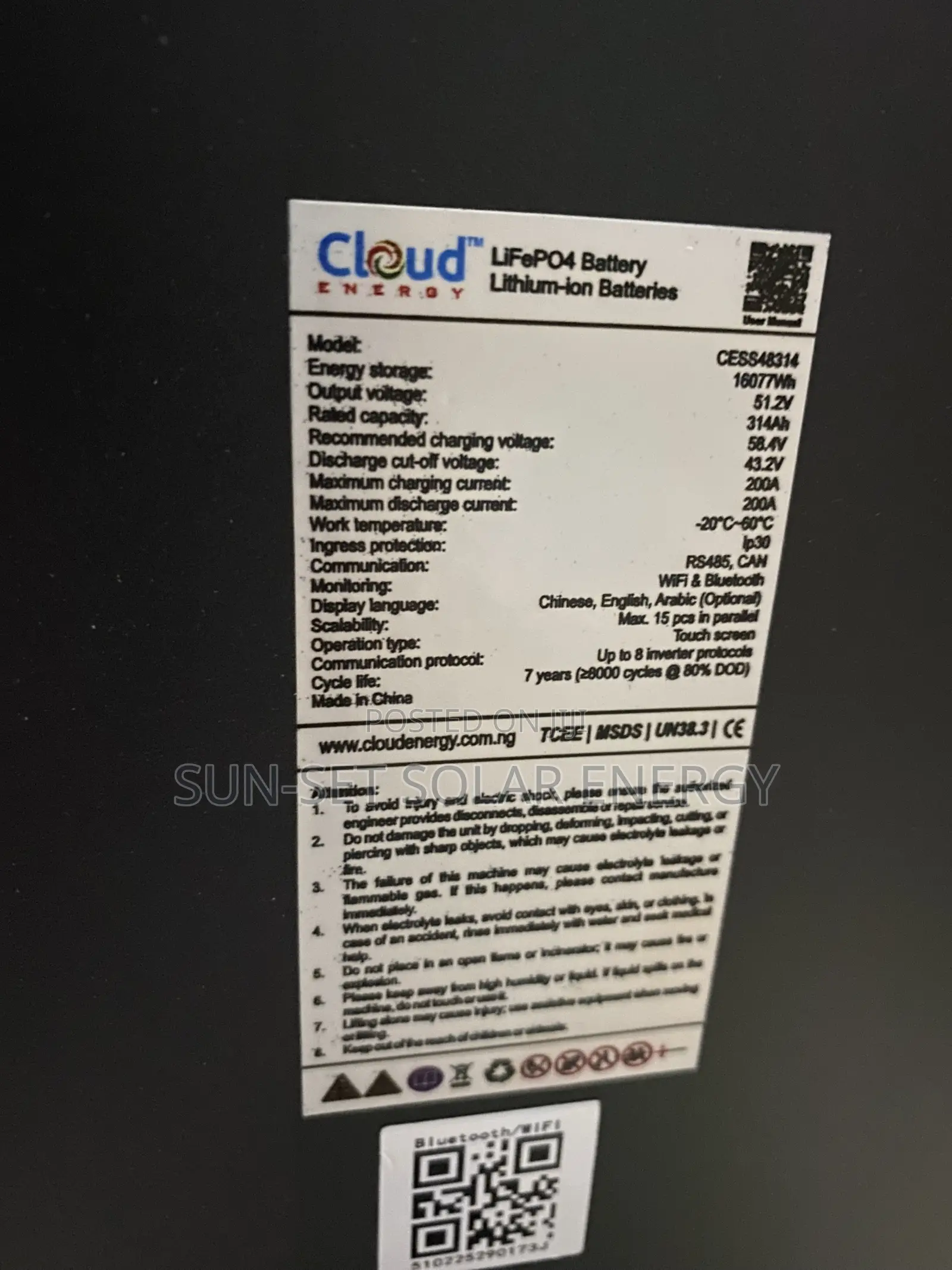 CLOUD LITHIUM BATTERY 16kwh 314Ah 51.2v With 5yrs Warranty