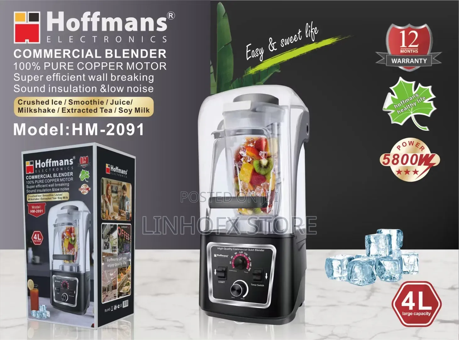 Hoffmans 4L Electronic Commercial Blender With 100% Pure Copper Motor
