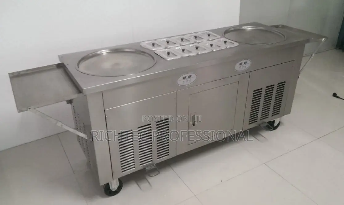 Double-Pan Commercial Fried Ice Cream Machine With Topping Pans