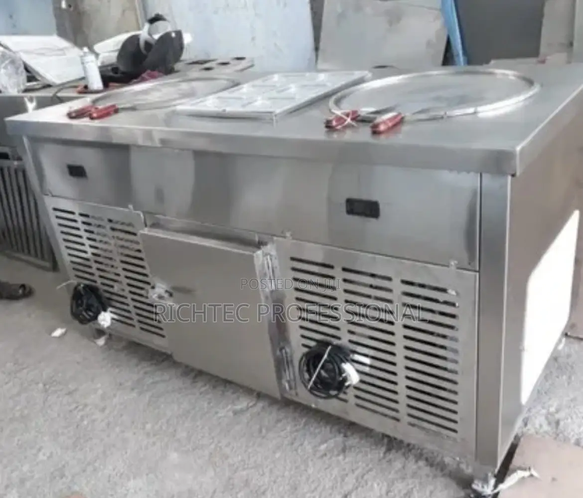 Double-Pan Commercial Fried Ice Cream Machine With Topping Pans