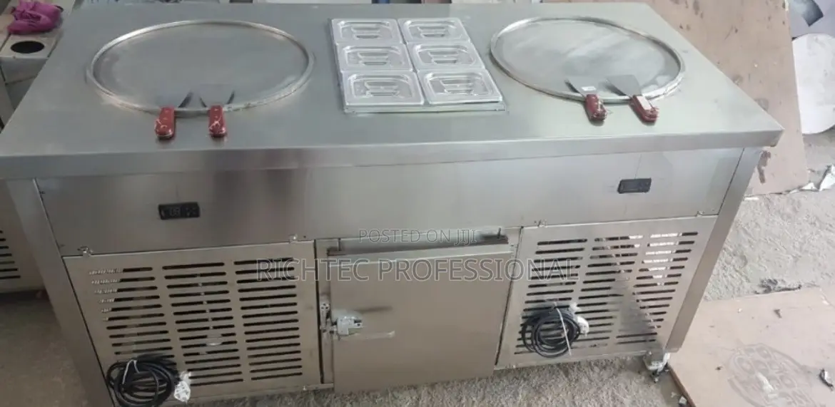 Double-Pan Commercial Fried Ice Cream Machine With Topping Pans