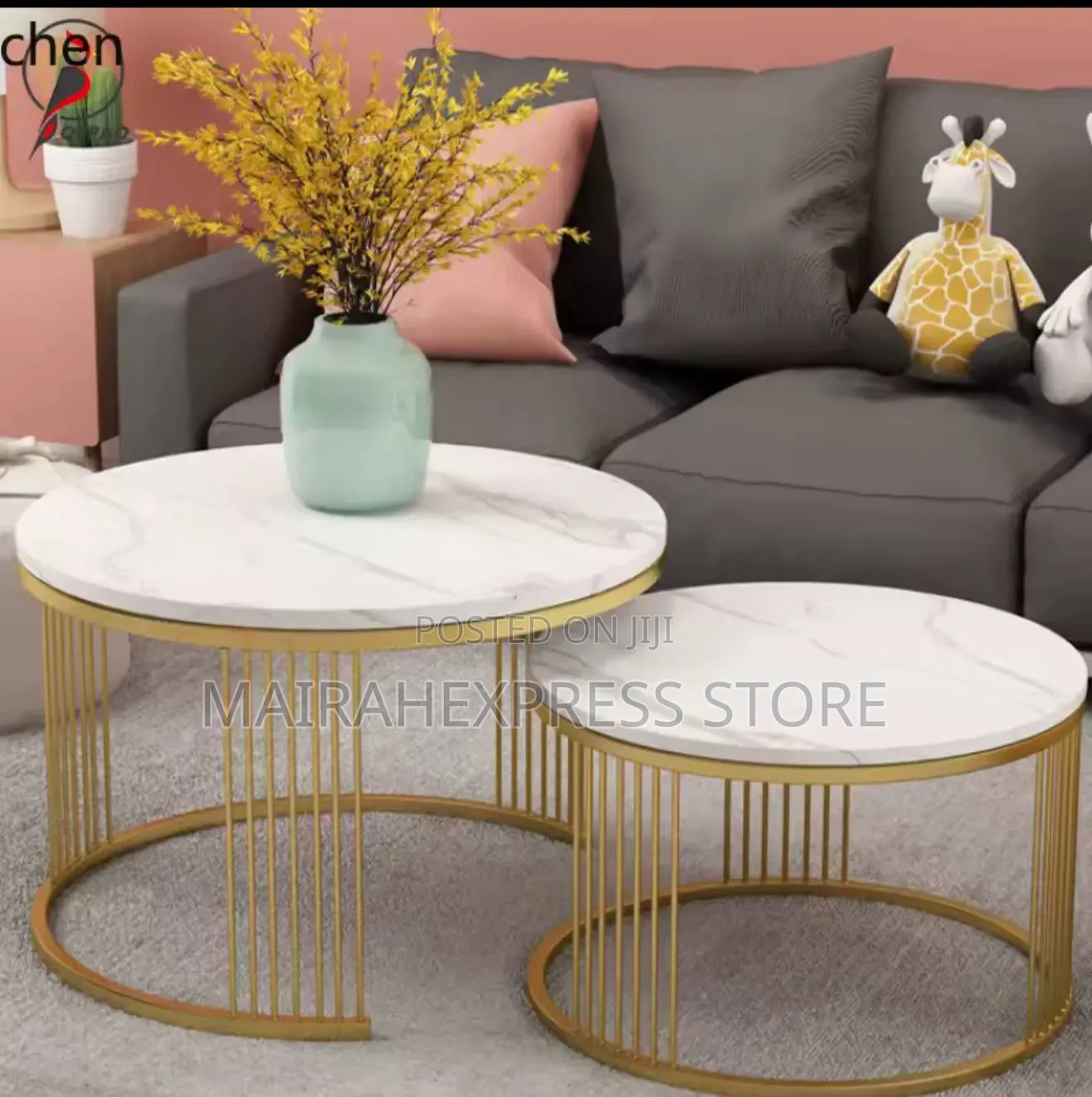 Real Marble Double Center Table With a Shinny Steel Leg T461