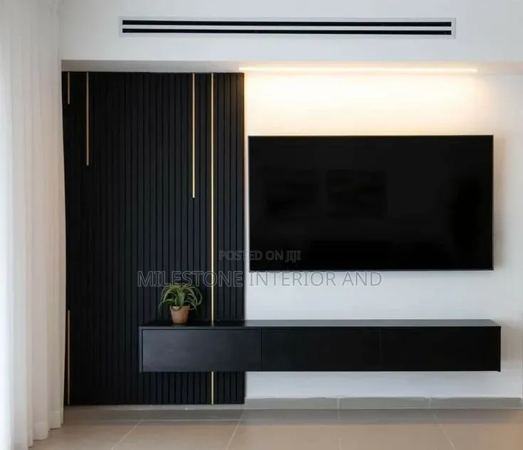 Modern Floating TV Console With Black Wall Panel & LED Light