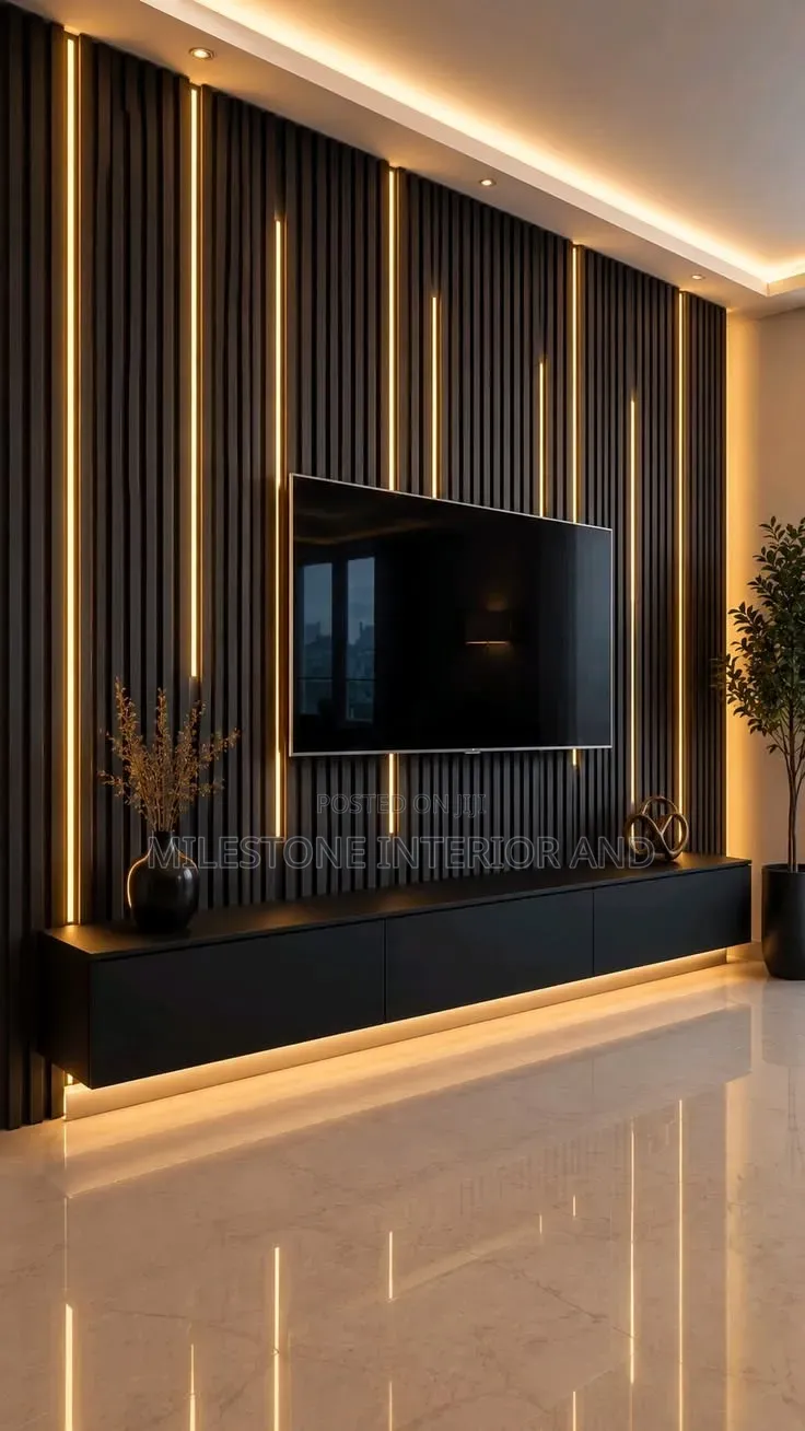 Luxury Black Fluted TV Console With LED Lights & Wall Panel