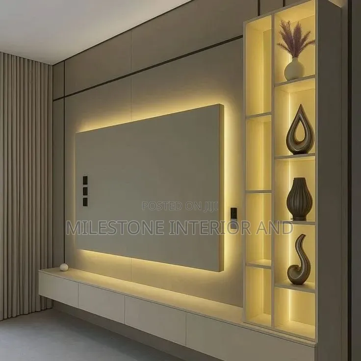 Luxury White TV Console With LED Lights & Wall Panel