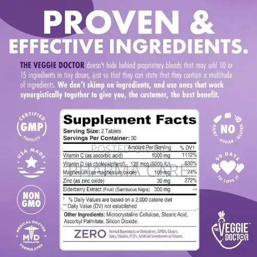 Immune Booster 60 Tablets Zinc + Vitamins C -D3-Elderberry Extract