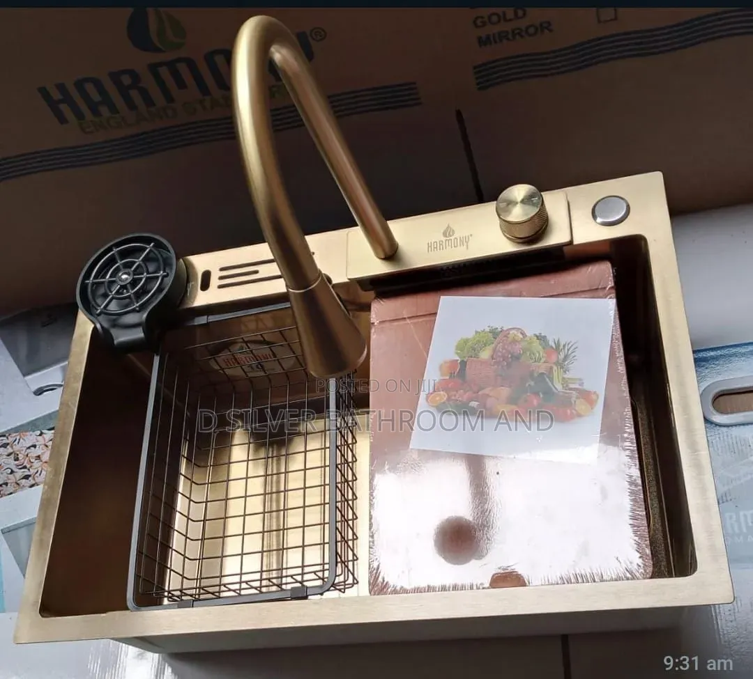 Gold Multifunctional Waterfall Kitchen Sink With Cup