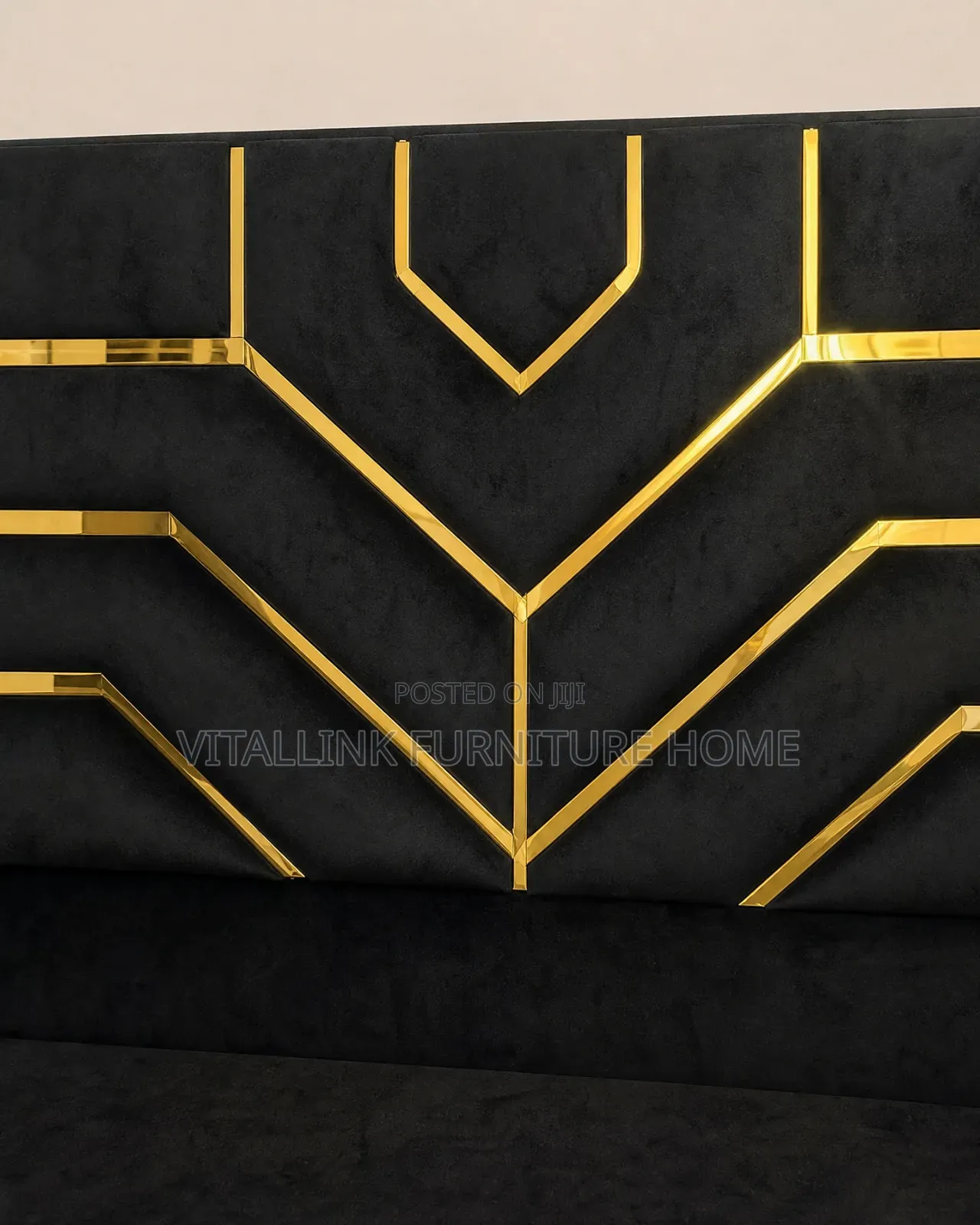 Luxury Black & Gold Bed Frame With Geometric Headboard & Nightstands