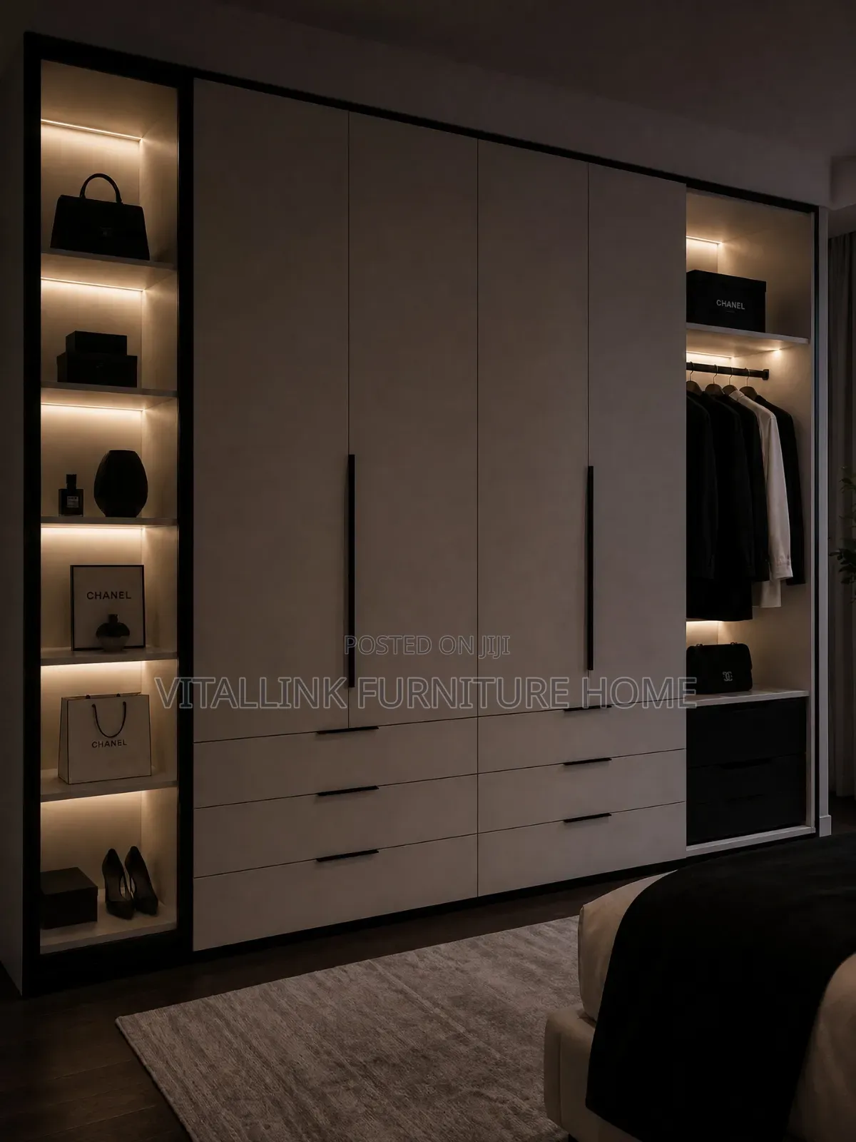 Luxury White & Black Wardrobe With LED Display Shelves