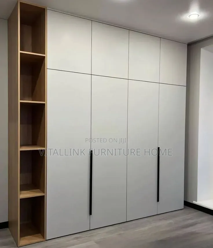 Modern Two-Tone Wardrobe With Wood Shelves & Grey Doors