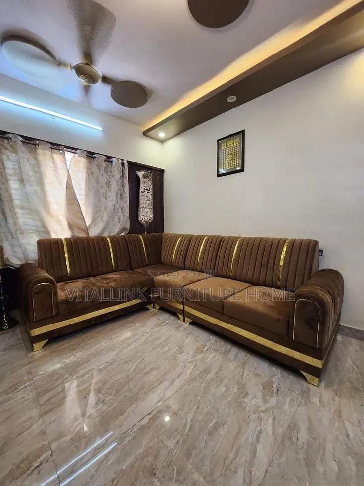 Luxury Brown Velvet L-Shape Sectional Sofa With Gold Trim